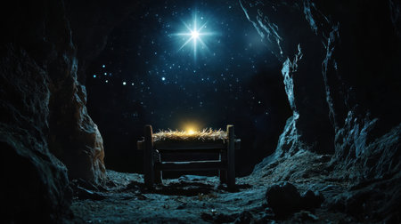 A tranquil nativity scene featuring a wooden manger filled with straw, illuminated softly under a brilliant star in a dark cave setting, symbolizing hope and faith.の素材