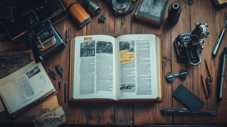 An artistic overhead view of a vintage desk featuring an open book surrounded by photography tools, creating a nostalgic atmosphere for creativity and learning.の素材