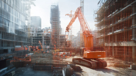A bustling urban construction site featuring heavy machinery and ongoing building projects. The scene captures the essence of infrastructure development and teamwork.の素材