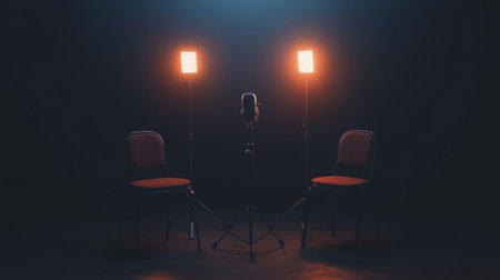 A creative studio setup featuring a microphone between two chairs and illuminated by bright lights, perfect for interviews or podcasts in a dark ambiance.の素材