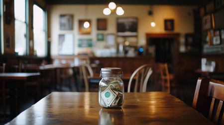 A jar filled with cash sits on a wooden table in a cozy cafe, surrounded by warm lighting and inviting decor, creating a peaceful atmosphere for guests.の素材