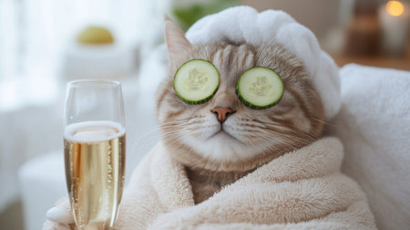 A serene cat enjoys a spa day with cucumber slices on its eyes and a glass of champagne. This cute scene embodies relaxation and pampering, perfect for a playful touch.の素材