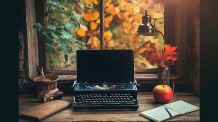 A vintage typewriter sits on a rustic desk bathed in warm sunlight, surrounded by autumn leaves, an apple, and a notebook, creating a cozy, inspiring workspace.の素材