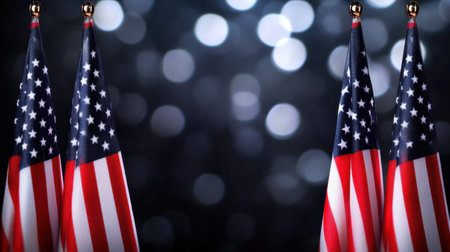 Two American flags stand prominently against a dazzling bokeh background, symbolizing patriotism and celebration. Perfect for festive events and commemorations.の素材