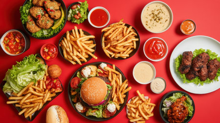 Enjoy a vibrant arrangement of fast food featuring burgers, crispy fries, fresh salad, and a variety of tasty dips, perfect for any casual dining experience.の素材