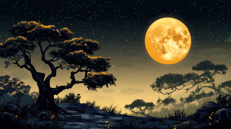 A captivating night landscape featuring a brilliant full moon and a starry sky. A silhouetted tree adds to the serene atmosphere of this tranquil scene.の素材