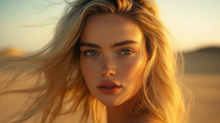 A stunning portrait of a young woman with flowing hair illuminated by soft sunset light. Her captivating gaze and natural beauty create a serene and elegant atmosphere.の素材