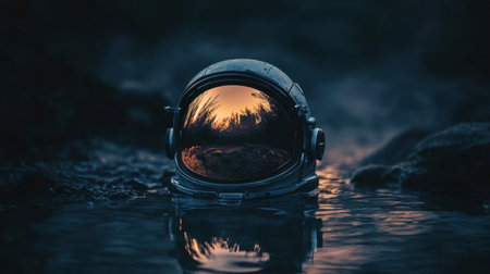 A stunning astronaut helmet rests partially submerged in dark water, reflecting a serene dusk landscape, blending elements of space exploration and natural beauty.の素材