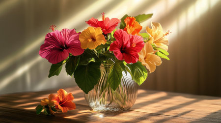 A beautiful arrangement of vibrant hibiscus flowers in a clear vase, illuminated by gentle rays of sunlight, creating a serene and inviting atmosphere.の素材