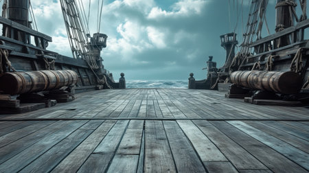 Experience the tranquil beauty of an ancient ship's deck, overlooking a vast ocean. Soft clouds float in the sky, creating an adventurous and serene atmosphere.の素材