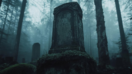A weathered tombstone stands solitary in a foggy graveyard, surrounded by tall trees and moss. The eerie atmosphere evokes feelings of mystery and contemplation.の素材