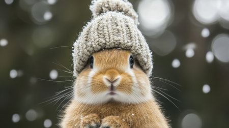 A charming rabbit dons a cozy knitted hat amidst falling snow, capturing the essence of winter. This adorable animal portrait showcases warmth, innocence, and joy.の素材
