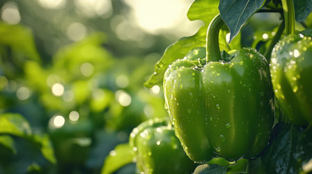 A close-up view of fresh green bell peppers glistening with water droplets, surrounded by lush greenery, illustrating the beauty of agricultural produce.の素材