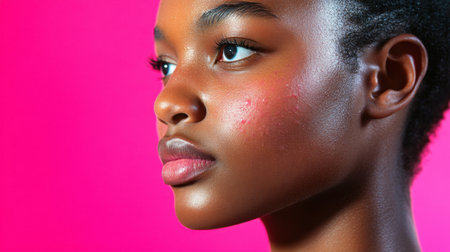 A close-up portrait of a young woman showcasing smooth skin against a vibrant pink background. The image conveys beauty, diversity, and confidence, highlighting natural aesthetics.の素材