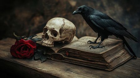 This haunting still life captures a skull, raven, and red rose atop an ancient book, evoking themes of mystery and beauty in the macabre.の素材