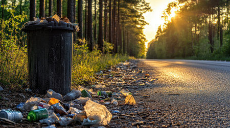 A stark contrast between nature's beauty and human neglect, showcasing trash strewn along a road in a peaceful forest setting during sunset.の素材