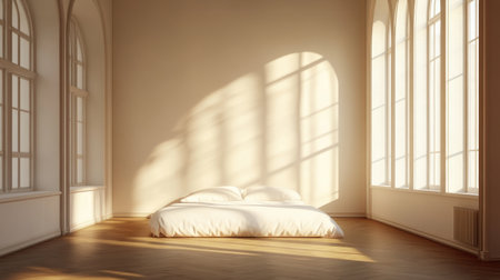 A serene bedroom featuring a minimalist design bathed in natural light. The soft shadows cast by large windows enhance the tranquil atmosphere, making it an ideal retreat for relaxation.の素材