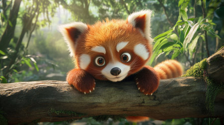 A delightful red panda with large expressive eyes rests on a branch in a lush green jungle. This playful creature captures the beauty of wildlife in a vibrant habitat.の素材