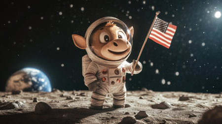 A smiling cartoon cow in a space suit, holding a flag on the moon, with Earth visible in the distanceの素材