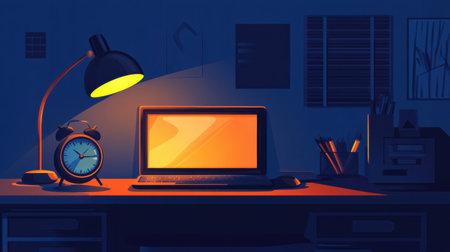 An alarm clock on a desk with a glowing laptop screen, stylish lamp, and minimalistic decor setting the tone for productivityの素材