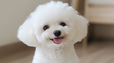 A joyful white dog with a fluffy coat showcases its cheerful expression indoors, radiating happiness and warmth. This close-up portrait captures the essence of companionship.の素材
