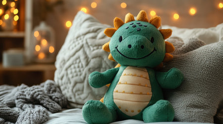 Cute green plush dinosaur toy with a big smile, leaning against a pillow in a cozy settingの素材