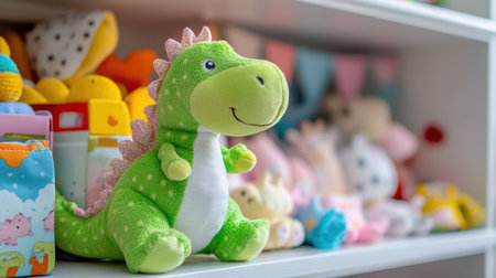 A playful green dinosaur stuffed toy, standing out in a colorful toy collection on a nursery shelfの素材