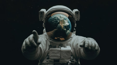 An astronaut in a white suit points toward the camera, their helmet visor reflecting Earth, with a black cosmic background.の素材