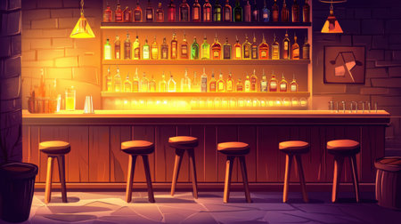 Cozy bar scene featuring soft amber lighting, empty stools, and a shelf lined with premium liquor bottlesの素材