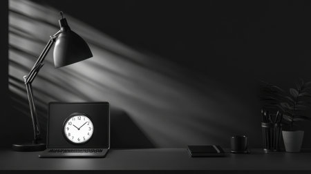 An alarm clock on a desk with a glowing laptop screen, stylish lamp, and minimalistic decor setting the tone for productivity.の素材