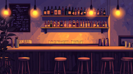 Cozy bar scene featuring soft amber lighting, empty stools, and a shelf lined with premium liquor bottlesの素材