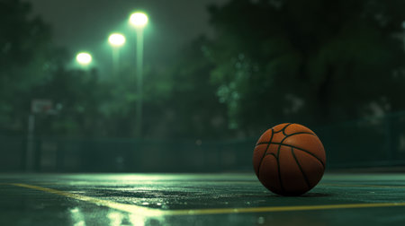 Close-up of a basketball lying on the court at night, under the faint glow of overhead lightsの素材