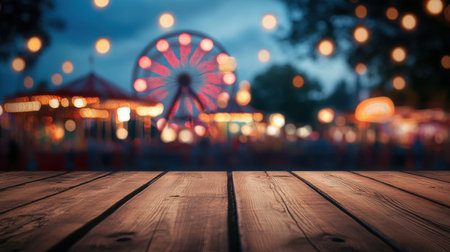 Close-up of a wooden tabletop with a backdrop of blurred ferris wheels and carnival booths glowing at nightの素材