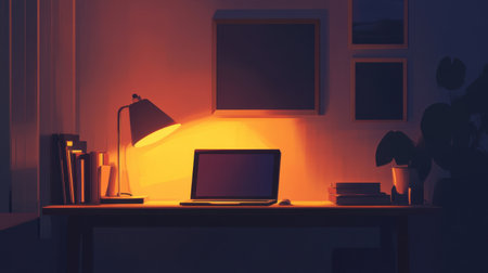 Minimalist desk setup with a laptop and warm light from a lamp illuminating a dark, quiet room.の素材