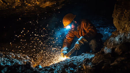 Miner in a dark cave illuminated by a headlamp, chiseling at rocks with sparks flying in the dim atmosphereの素材