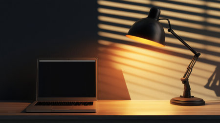 Soft glow of a lamp and a laptop screen lighting up a neat desk in a shadowy room.の素材