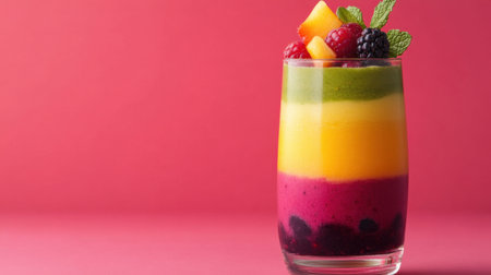 This vibrant layered fruit smoothie features a mix of fresh berries, mango, and kiwi in a clear glass, perfect for a refreshing summer drink.の素材