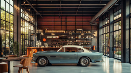 Warmly lit garage featuring a pristine vintage car, surrounded by modern decor and sleek finishes.の素材