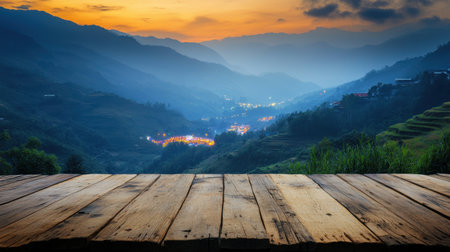 Rustic wooden tabletop with a vibrant, blurred background of a lit-up carnival at night, perfect for festive imageryの素材