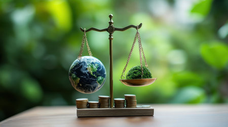 A symbolic representation of balance between nature and economy, showcasing a globe and a green plant on a scale, reflecting sustainable financial practices and environmental responsibility.の素材