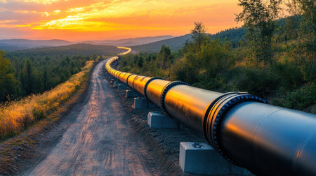 A stunning sunset view featuring a large pipeline stretching through a serene mountain landscape, surrounded by lush greenery and a tranquil atmosphere.の素材