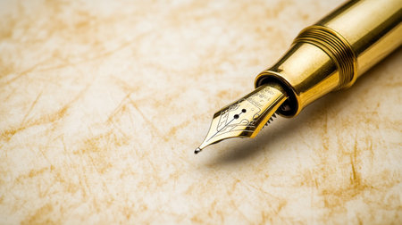 Close-up of an elegant gold fountain pen resting on textured vintage paper. Perfect for themes of writing, creativity, and artistry in various settings.の素材