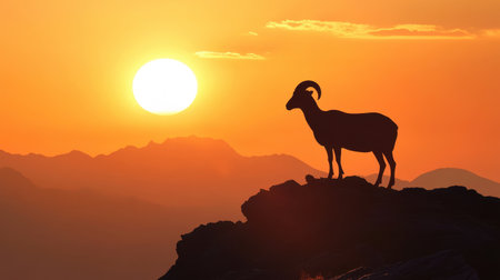 A majestic mountain goat stands silhouetted against a stunning sunset, showcasing the beauty of nature in a tranquil wilderness setting.の素材