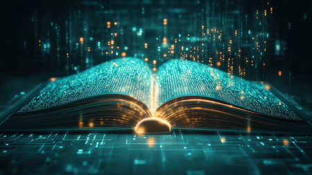 An open book emits glowing data particles in a digital space, symbolizing the fusion of traditional knowledge with modern technology and innovation.の素材