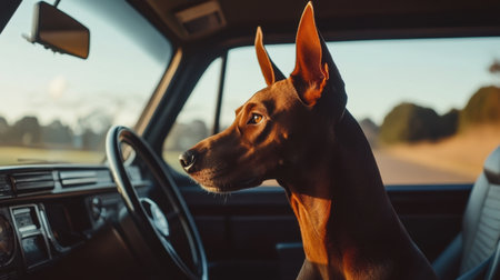 A serene moment featuring a dog sitting in a vintage car, gazing out at a scenic landscape. The warm sunlight enhances the tranquil atmosphere and captures the essence of adventure.の素材