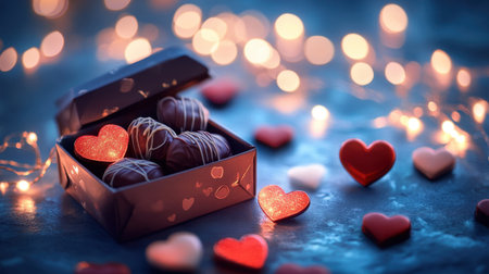 A beautifully arranged chocolate gift box surrounded by heart decorations and soft bokeh lights, perfect for romantic occasions or celebrations of love.の素材