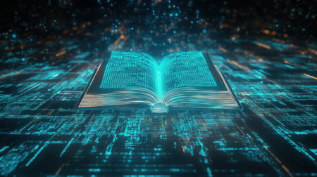 A captivating image of an open book surrounded by glowing digital data and light effects, representing the fusion of knowledge and technology in a modern world.の素材