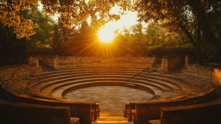 Sunset casting a golden glow over an outdoor amphitheater with circular seating, framed by lush trees.の素材