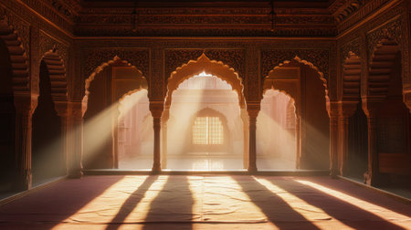 This captivating indoor scene showcases intricate architecture illuminated by soft sunlight beams, highlighting the serene atmosphere and artistic details.の素材