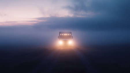 A powerful truck with bright headlights cutting through dense fog at dusk, creating an eerie yet captivating atmosphere in a rural landscape.の素材
